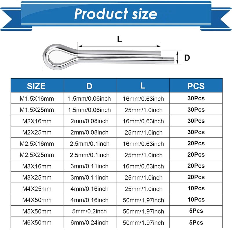 Eoppen 230Pcs Cotter Pin Assortment Kit - 304 Stainless Steel 12 Sizes Cotter Pin Set for Hitch Pin Lock Systems - Image 2